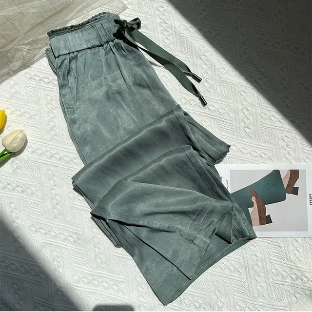 Satin Trousers Casual Loose Solid Color Maillard Retro Artistic Wide leg Pants Green - Shop at LoveMi