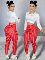 Denim Line Printing High Waist Yoga Pants - Red