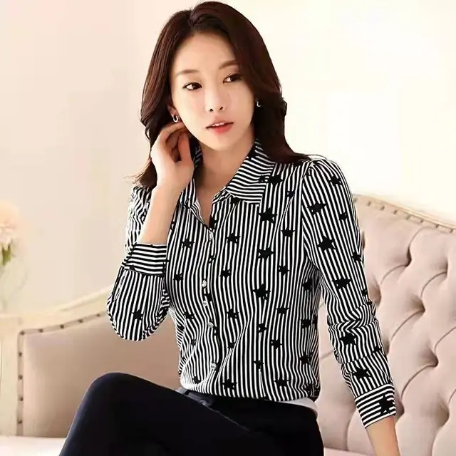 Three quarter Sleeve Slimming Shirt Women's Long Sleeve Plus Size Black Stripes - Shop at LoveMi