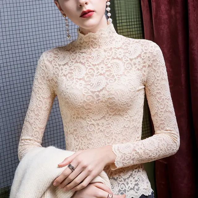 Women's Turtleneck Lace Bottoming Shirt Apricot - Shop at LoveMi