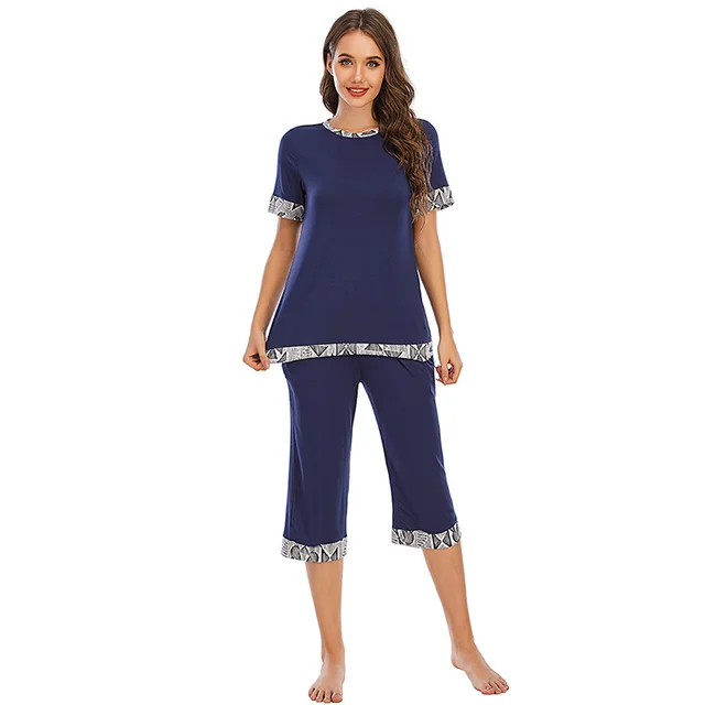 Contrast Color Comfort And Casual Breathable Pajamas Suit Navy Blue - Shop at LoveMi