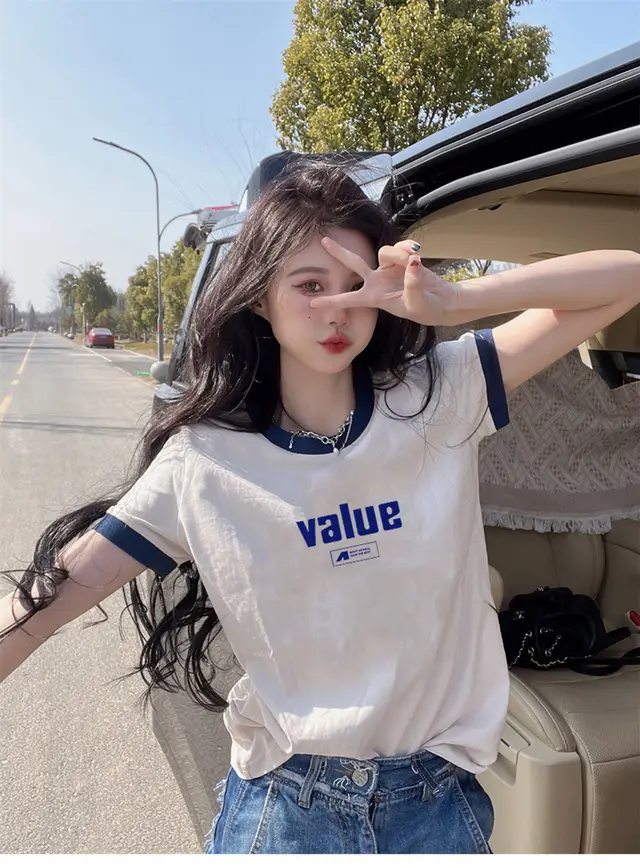 Cotton Loose Color Contrast Patchwork Cartoon Shoulder T shirt White 616 180 - Shop at LoveMi
