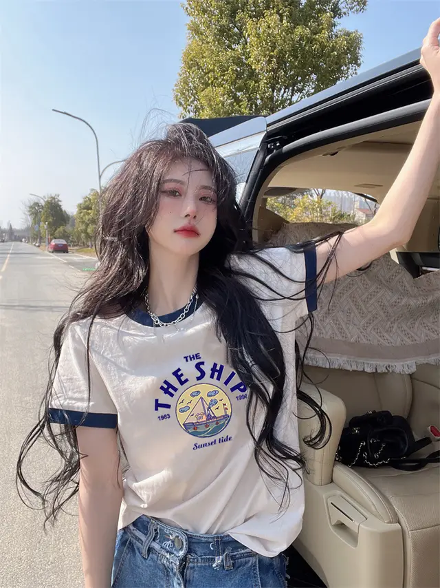 Cotton Loose Color Contrast Patchwork Cartoon Shoulder T shirt White 616 183 - Shop at LoveMi