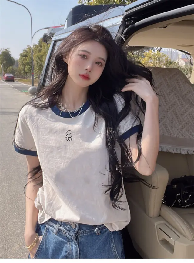 Cotton Loose Color Contrast Patchwork Cartoon Shoulder T shirt White 616 90 - Shop at LoveMi