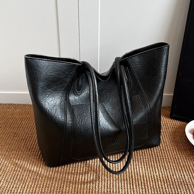 Casual Retro Shoulder Bag Texture Class Commuter Tote - Black