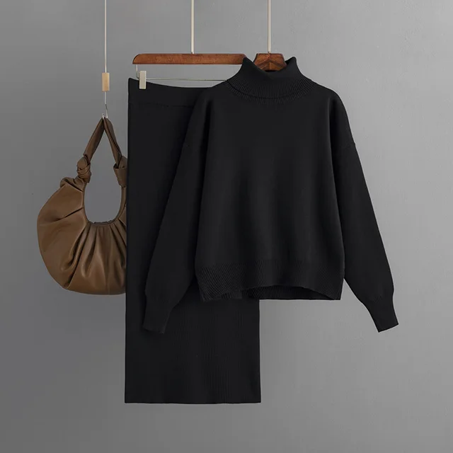 Women's Solid Color Turtleneck Sweater Sheath Skirt Two piece Set Black - Shop at LoveMi