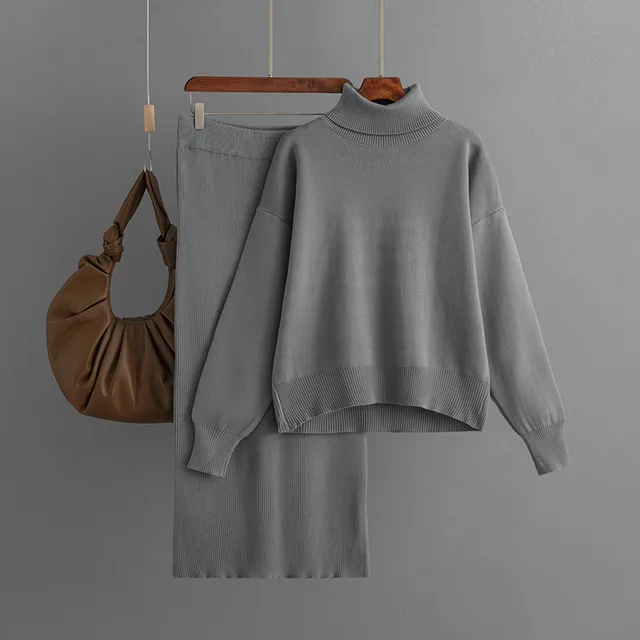 Women's Solid Color Turtleneck Sweater Sheath Skirt Two piece Set Gray - Shop at LoveMi