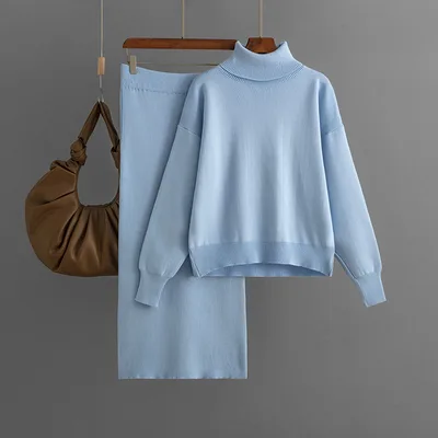 Women's Solid Color Turtleneck Sweater Sheath Skirt Two piece Set Light Blue - Shop at LoveMi