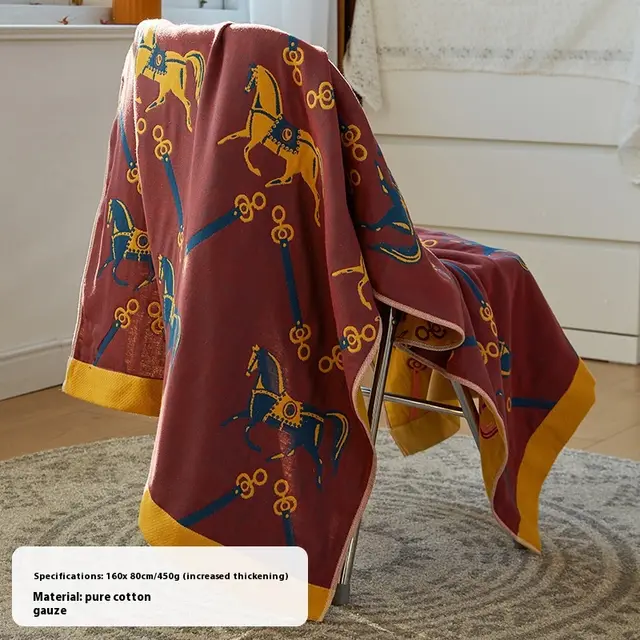 Pure Cotton Gauze Bath Towel Household Absorbent Wine Red Horse - Shop at LoveMi