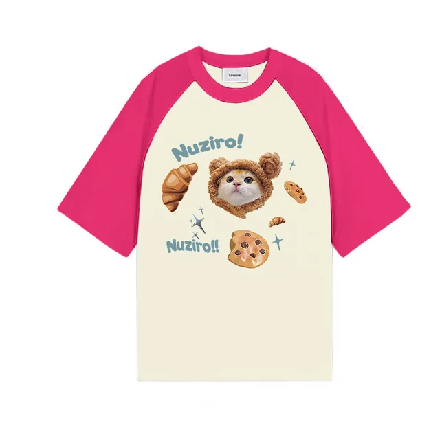 Women's Summer Cartoon Loose Top Cotton T shirt Rose Red With Apricot - Shop at LoveMi