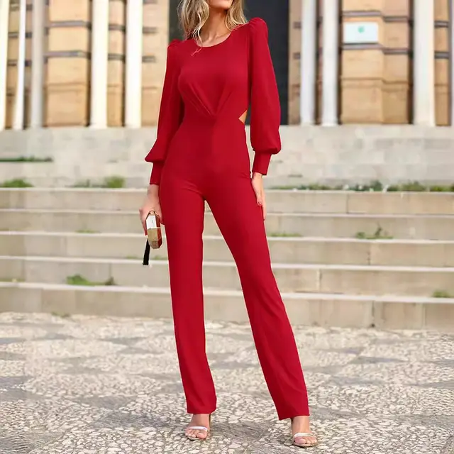 Women's Straight Round Neck Long Sleeve Backless Slim Fit Jumpsuit Wine Red - Shop at LoveMi