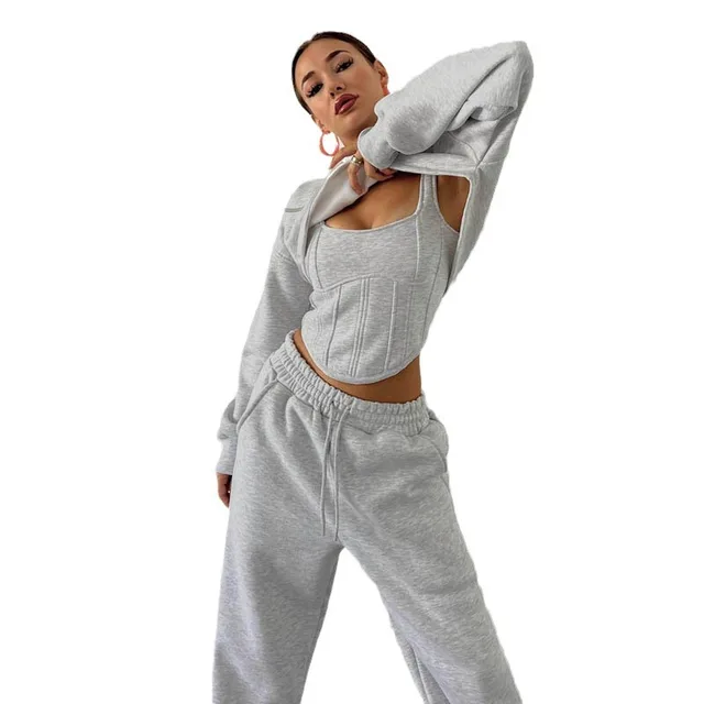 Gray Waist Hooded Short Sweater Ankle Banded Pants Three piece Set Gray - Shop at LoveMi