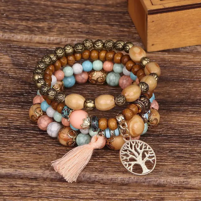 Multi layer Wooden Bead Stretch Beaded Bracelet Rose Color - Shop at LoveMi