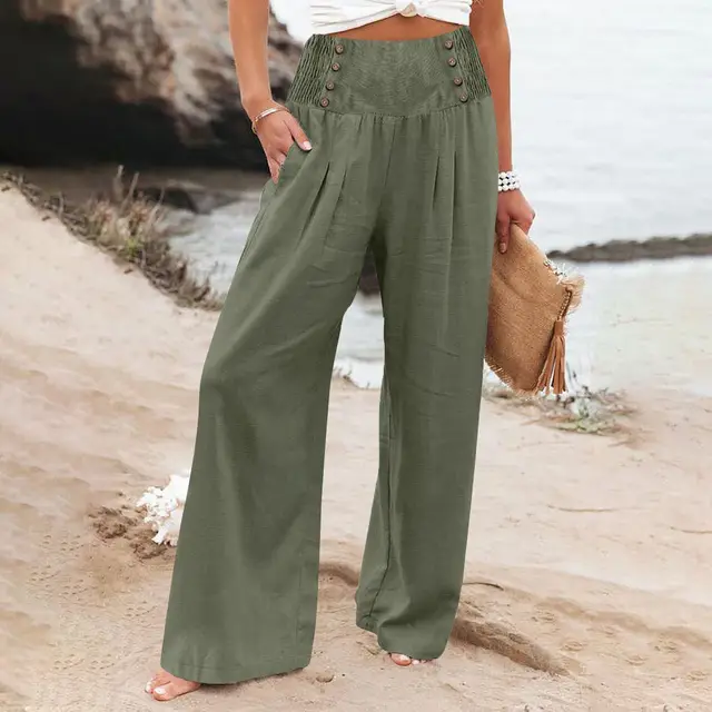Casual Elastic High Waist Women's Cotton Linen Wide Leg Pants Army Green - Shop at LoveMi