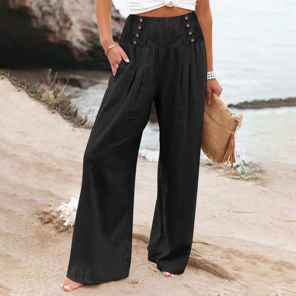 Casual Elastic High Waist Women's Cotton Linen Wide Leg Pants - Black