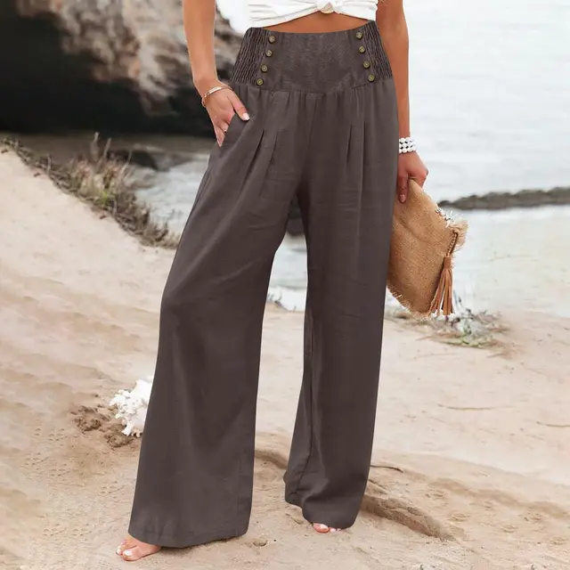 Casual Elastic High Waist Women's Cotton Linen Wide Leg Pants Dark Brown - Shop at LoveMi
