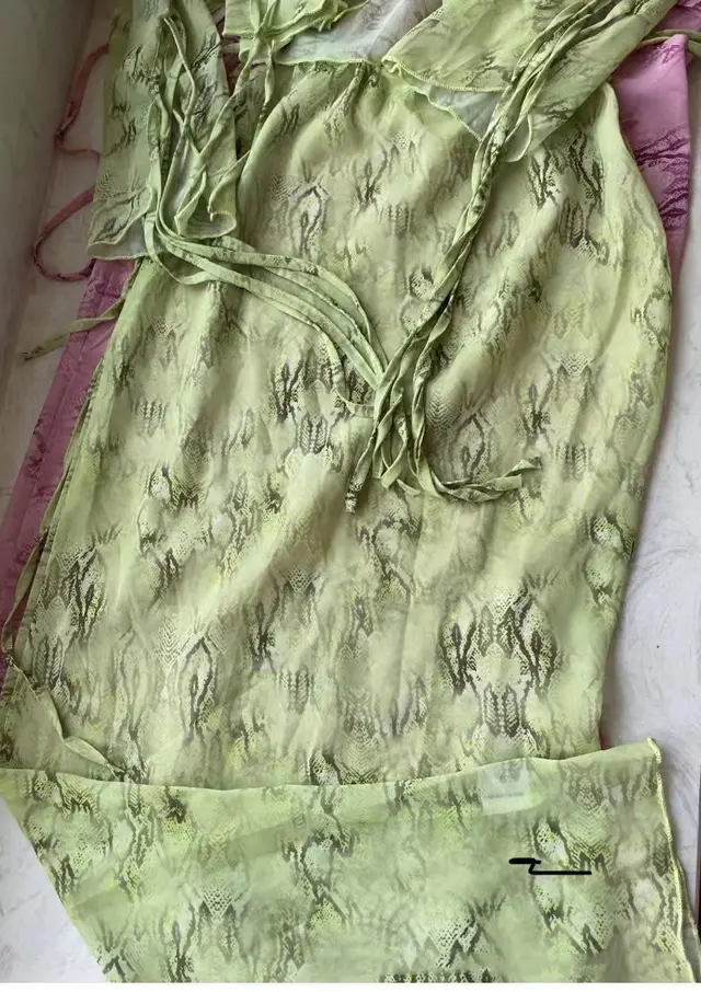 Women's Long Sleeve Tied See through Printed Top Skirt Suit Green - Shop at LoveMi