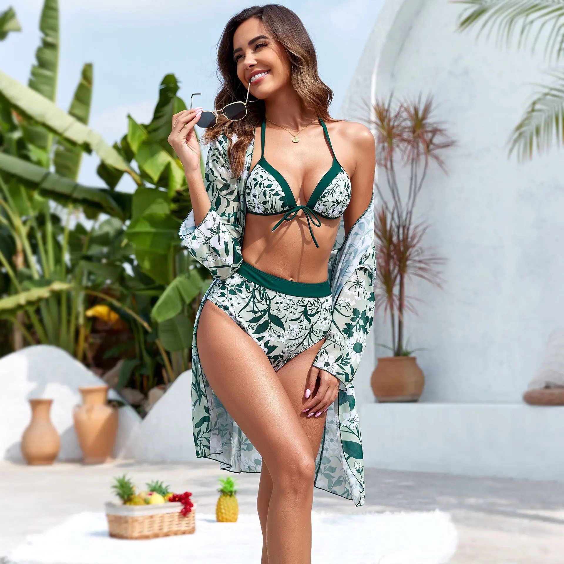 Bikini Three Piece Swimsuit Women's Hard Bag - Dark Green