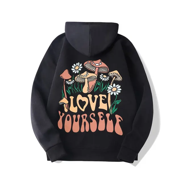 Plus Size Loose Mushroom Slogan Hoodie Black - Shop at LoveMi
