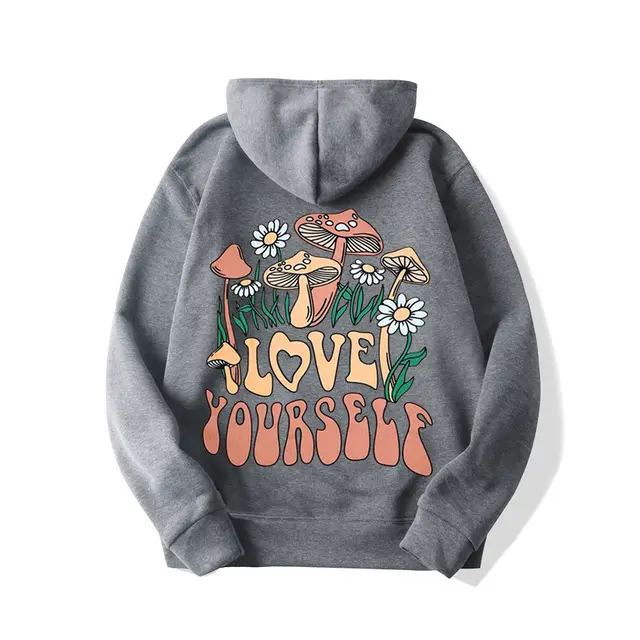 Plus Size Loose Mushroom Slogan Hoodie Dark Gray - Shop at LoveMi