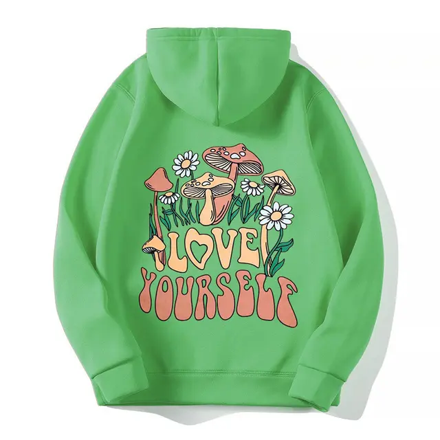 Plus Size Loose Mushroom Slogan Hoodie Fruit Green - Shop at LoveMi