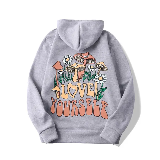 Plus Size Loose Mushroom Slogan Hoodie Light Gray - Shop at LoveMi