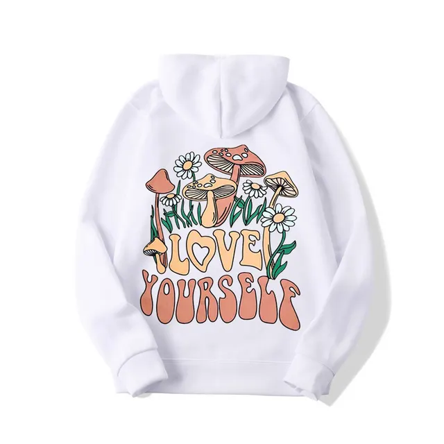 Plus Size Loose Mushroom Slogan Hoodie White - Shop at LoveMi