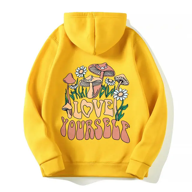 Plus Size Loose Mushroom Slogan Hoodie Yellow - Shop at LoveMi