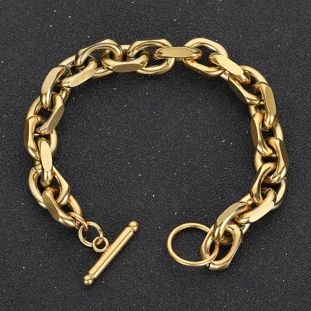 Electroplated Stainless Steel Hip-hop Titanium Steel Cross Chain O-shaped Chain Men's Bracelet - Golden Width 9Mm - View 1