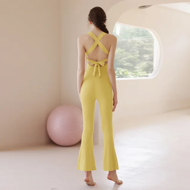 Yoga Jumpsuit Cross Beauty Back Integrated With Chest Pad Apricot Yellow - Shop at LoveMi