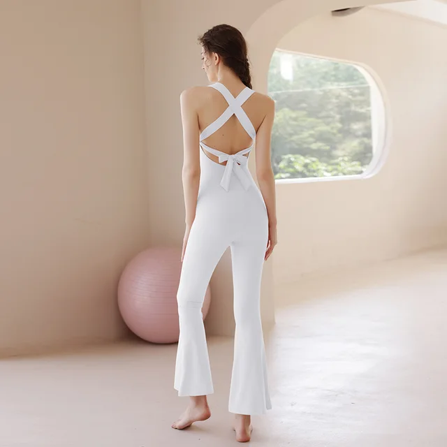 Yoga Jumpsuit Cross Beauty Back Integrated With Chest Pad Elegant White - Shop at LoveMi