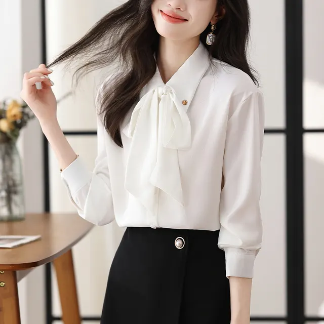 Bow Chiffon Shirt Women's Long Sleeve White - Shop at LoveMi