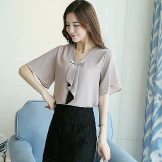 Pullover Chiffon Style Commuting Patchwork Solid Color Top - Khaki