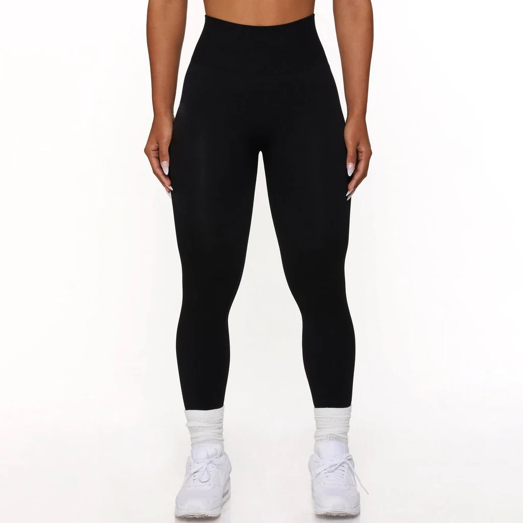 Seamless Solid Color Knitted High Elastic Sports Bra Underwear Yoga Pants - Black Trousers
