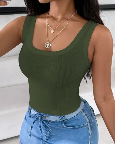 Women's Solid Color Rib Fabric Vest Green - Shop at LoveMi