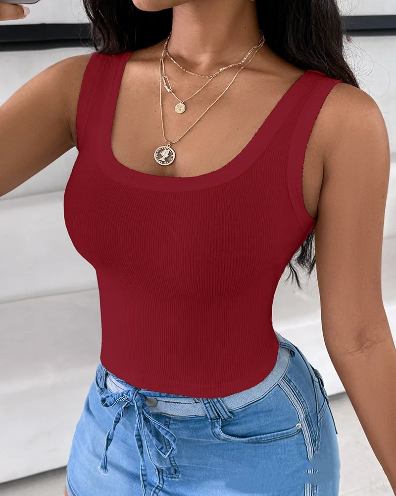 Women's Solid Color Rib Fabric Vest Red - Shop at LoveMi