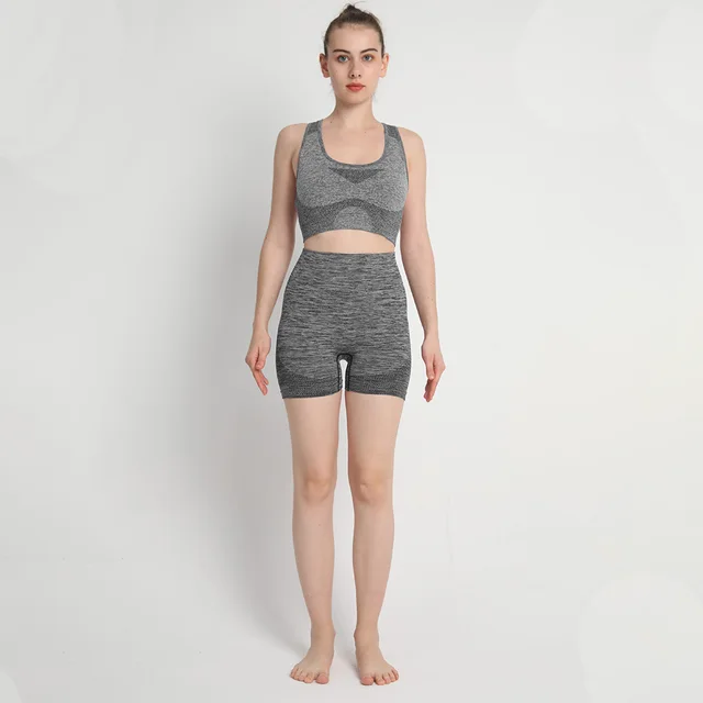 Seamless Point Sports Suit Yoga Clothes Knitted Hip lift And Belly Shaping Shorts I shaped Vest Heather Gray - Shop at LoveMi