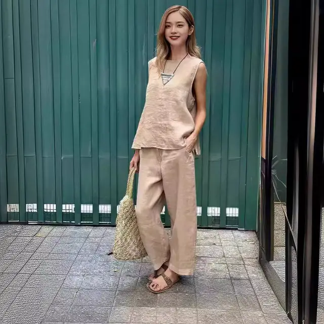 Cotton And Linen Fashion Casual Loose Top Trousers Suit Khaki - Shop at LoveMi