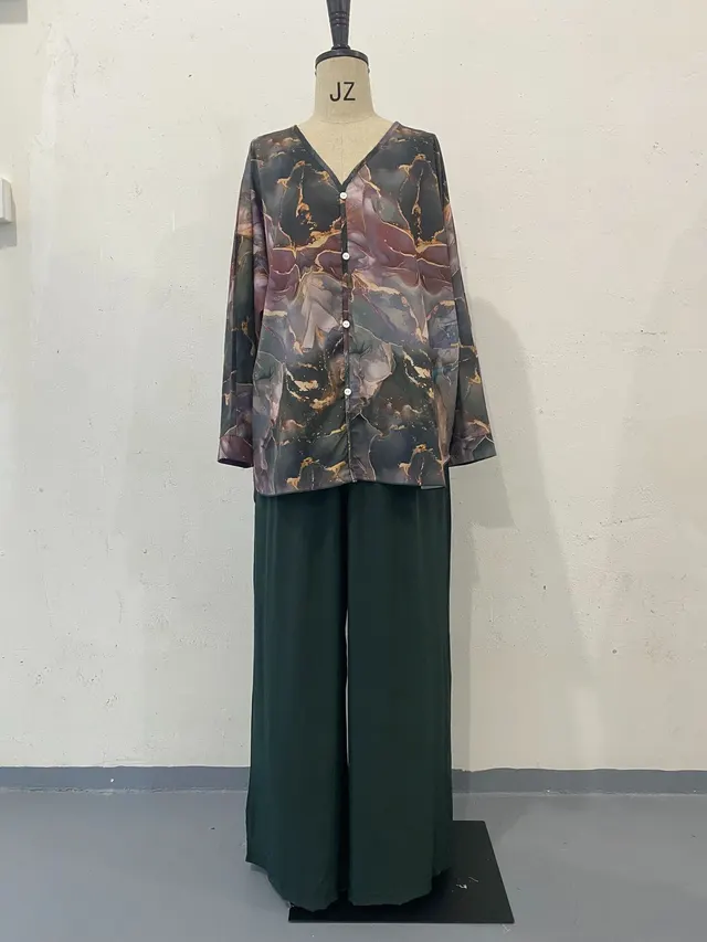 Fashion Hand painted Printed Shirt Top Wide Leg Pants Two piece Set Olive Green - Shop at LoveMi