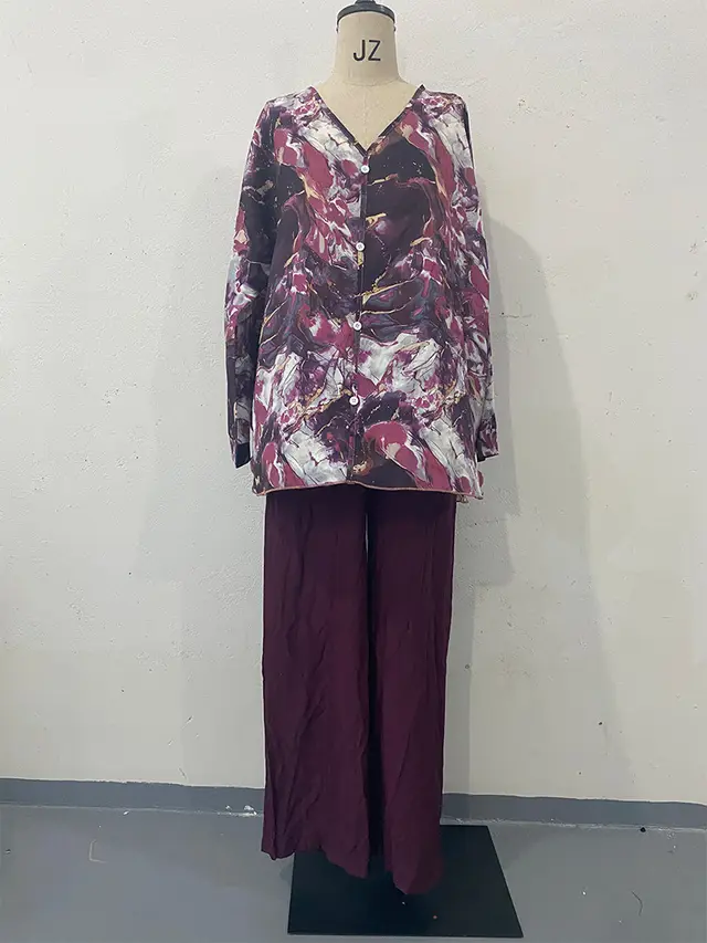 Fashion Hand painted Printed Shirt Top Wide Leg Pants Two piece Set Purplish Red - Shop at LoveMi