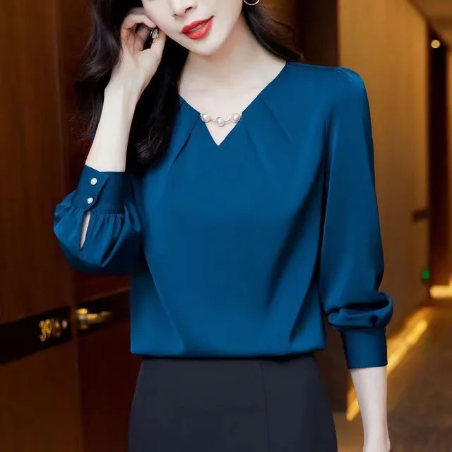 V neck Chiffon Shirt Bottoming Shirt Casual Loose Blue - Shop at LoveMi