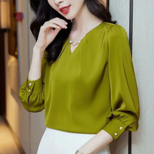 V neck Chiffon Shirt Bottoming Shirt Casual Loose Yellow Green - Shop at LoveMi