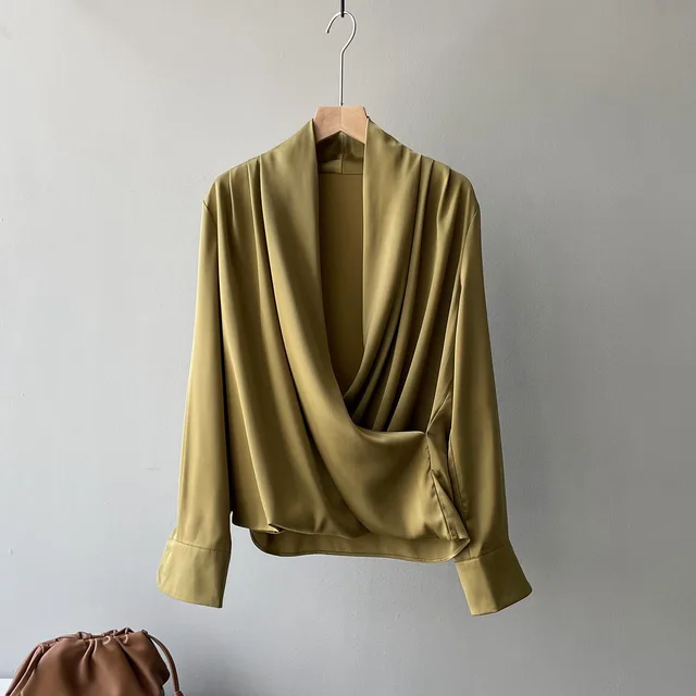 Women's French Elegant Long Sleeve Satin V neck Shirt Autumn Fragrance Green - Shop at LoveMi
