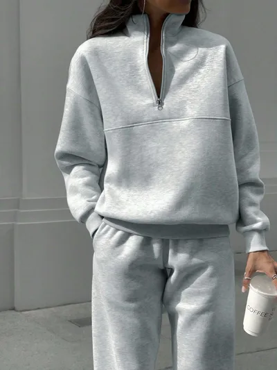 Long sleeved Sports Sweatshirt Suit Fashion Stand up Collar Zip up Top And Elastic Band Trousers With Pocket Srping Fall Clothing For Women Light Gray - Shop at LoveMi