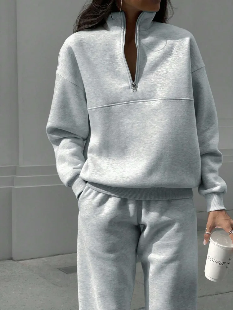 Long-sleeved Sports Sweatshirt Suit Fashion Stand-up Collar Zip-up Top And Elastic Band Trousers With Pocket Srping Fall Clothing For Women - Light...