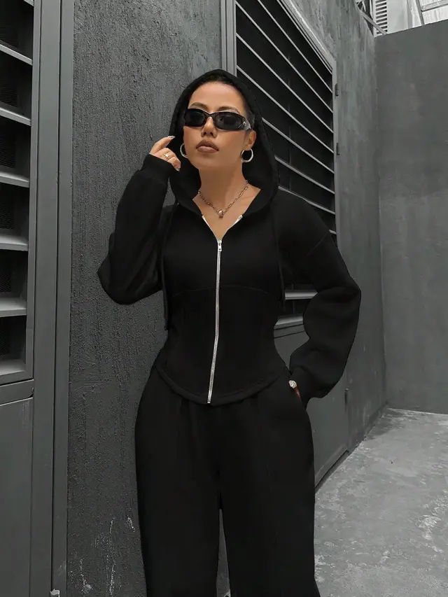 Hooded Cardigan Slim Fit Casual Two piece Suit Women Black - Shop at LoveMi