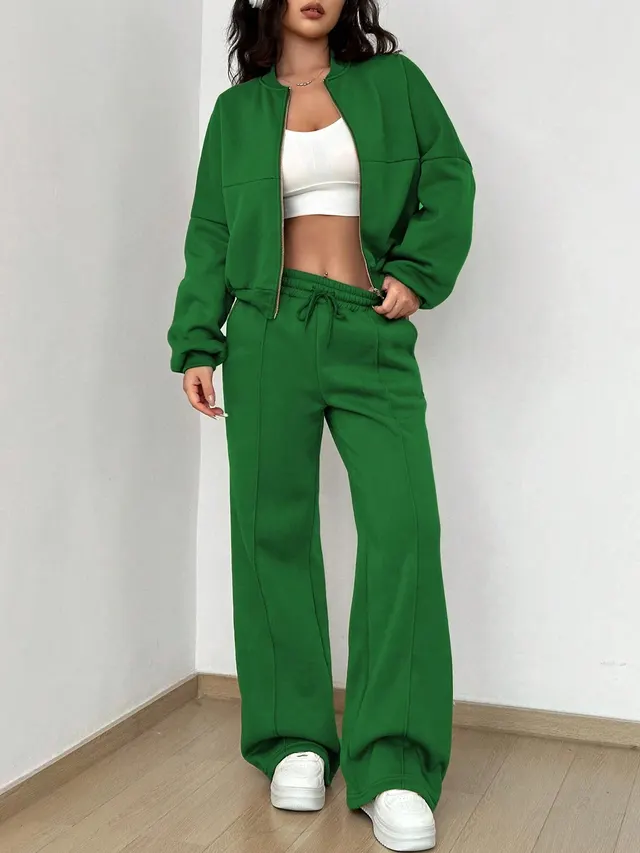 Zipper Slim Fit Elastic Two piece Suit For Women Green - Shop at LoveMi