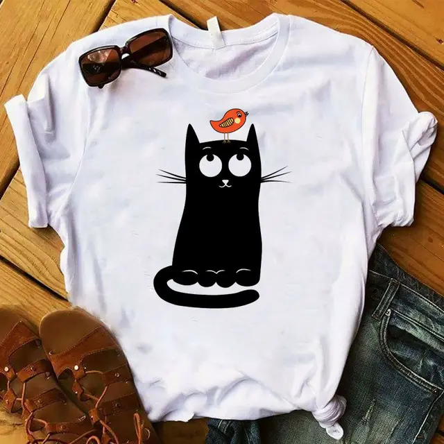 Cat Letter Pattern Printed Women's Short Sleeve Gjs9452 - Shop at LoveMi