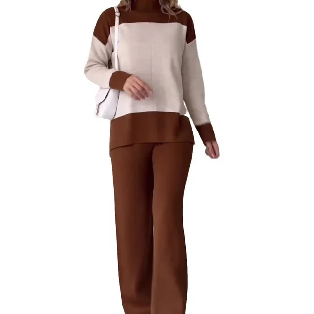 European And American Fashion Color Matching Top Loose All match Wide Leg Pants Suit Women Dark Brown - Shop at LoveMi