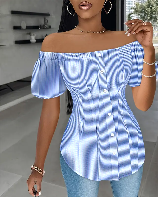 European And American Off shoulder Striped Short sleeved Shirt Blue - Shop at LoveMi